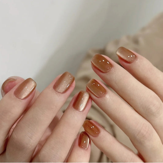 Autumn Glow Medium Length Square Brown Shimmer Finish Press On Nail Set