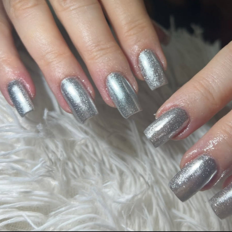 Glamorous Silver Square Long Lasting Press On Nail Set with Sparkling Glitter Finish