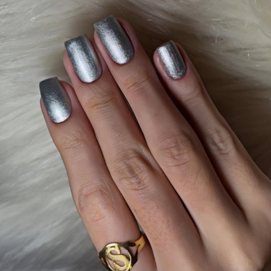 Glistening Galaxy Silvery Short Square Press On Nail Set with Stunning Metallic Finish
