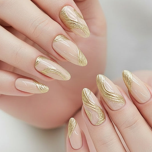 Gilded Elegance Long Almond Beige Press On Nail Set with Shimmering Gold Wave Design