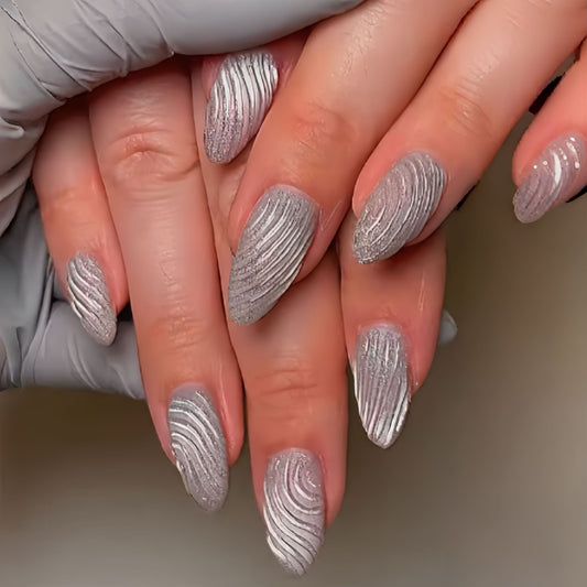 Galactic Glamour Long Almond Shaped Silver Textured Nail Set
