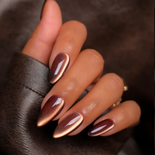 Elegant Autumn Vibe Long Almond Brown Gradient Press On Nail Set with Shimmering Finish