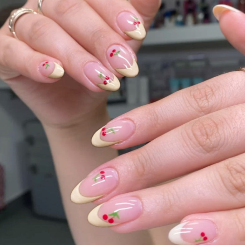 Cherry Blossom Dream Medium Almond Shaped Beige and Yellow Floral Press On Nail Set