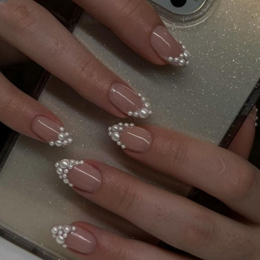 Chic Elegance Press On Nail Set Medium Almond Shaped Beige with Pearl Accents