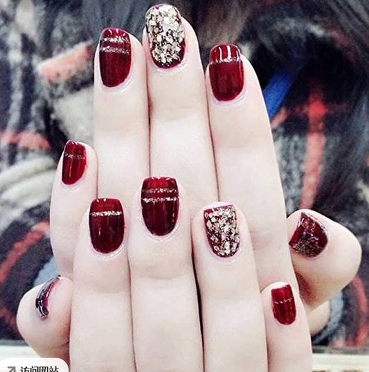 Chic Elegance Short Squoval Burgundy with Glitter Accent Press On Nail Set