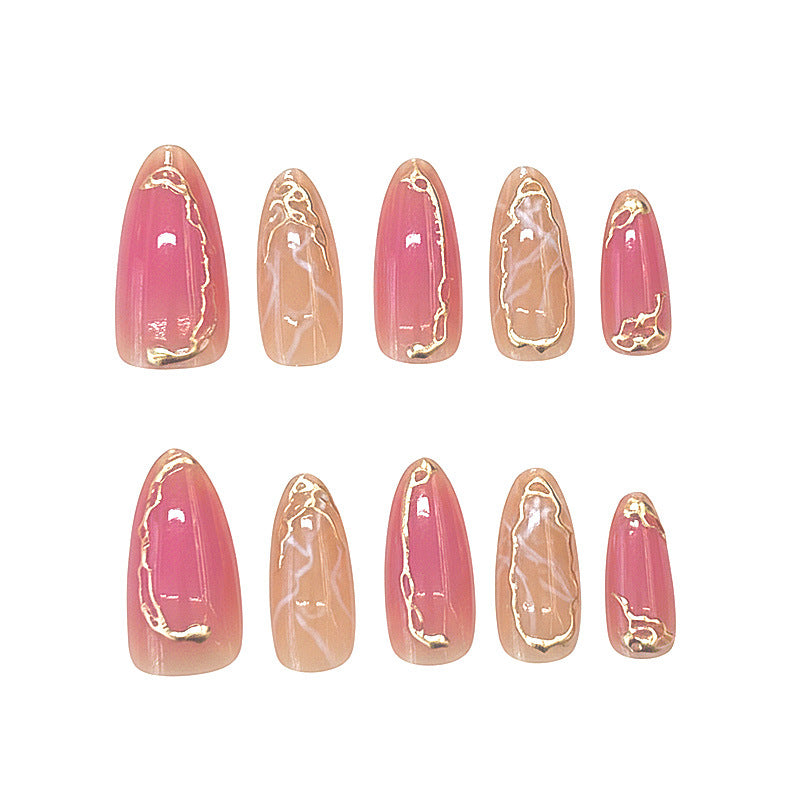 Chic Marble Elegance Long Almond Pink and Beige Nails with Stunning Gold Veining