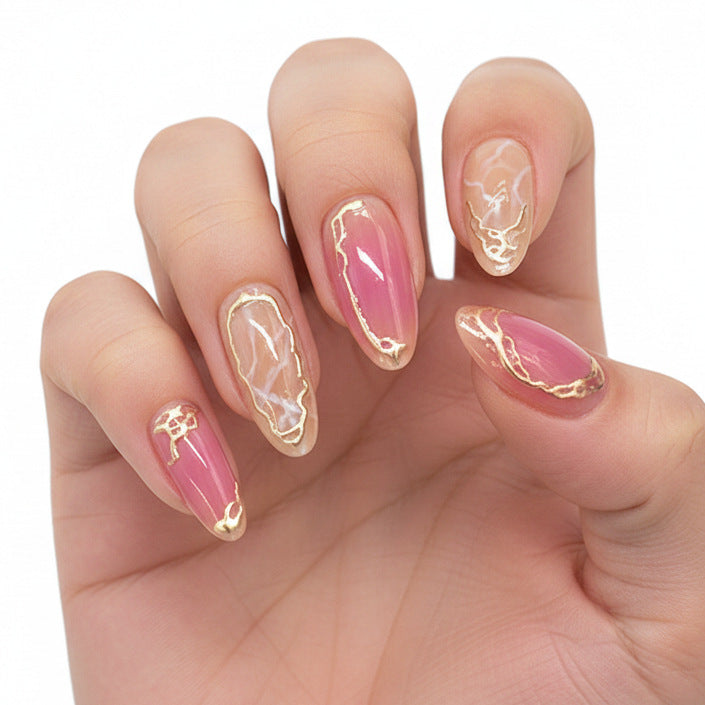 Enchanted Blossom Long Almond Pink and Clear Press On Nail Set with Elegant Gold Accents