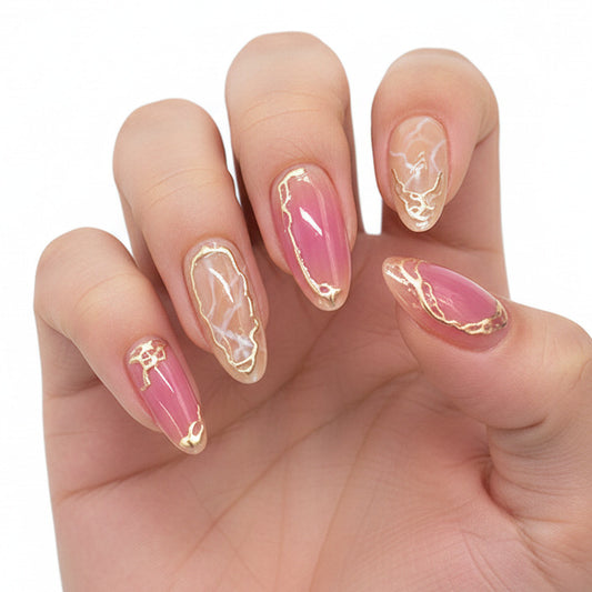 Enchanted Blossom Long Almond Pink and Clear Press On Nail Set with Elegant Gold Accents