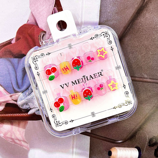 Kid's Fruity Delight Short Square Pink Nail Set with Whimsical Cherry and Star Designs
