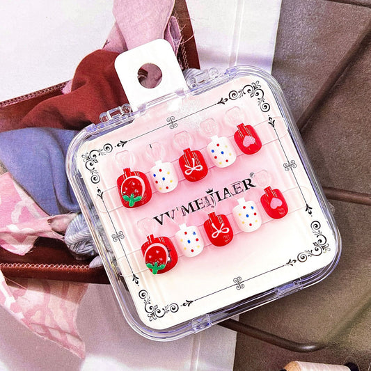Kid's Festive Charm Red Short Square Press-On Nail Set with Fun Holiday Designs