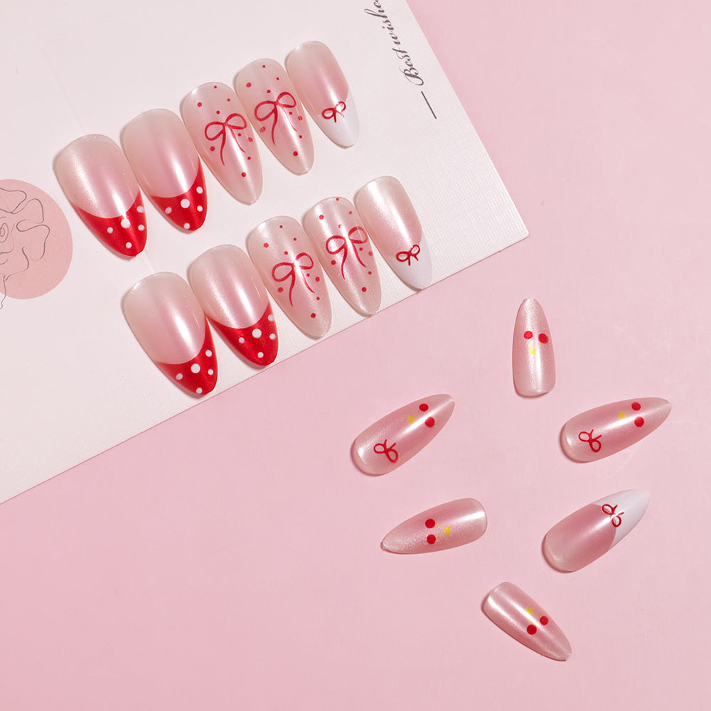 Charming Celebration Long Almond Pink with Whimsical Bow Design Press On Nail Set