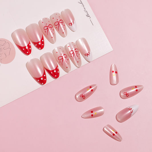 Charming Celebration Long Almond Pink with Whimsical Bow Design Press On Nail Set