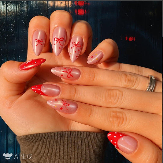 Charming Celebration Long Almond Pink with Red Bows and Dots Press-On Nail Set