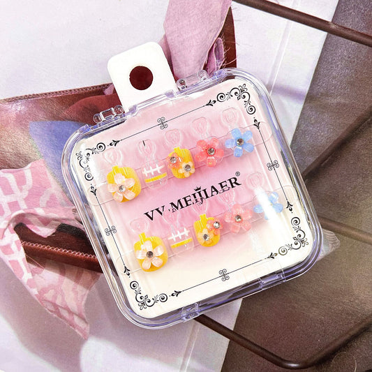 Kid's Floral Melody Short Square Yellow and Pink Press On Nail Set with Gemstone Accents