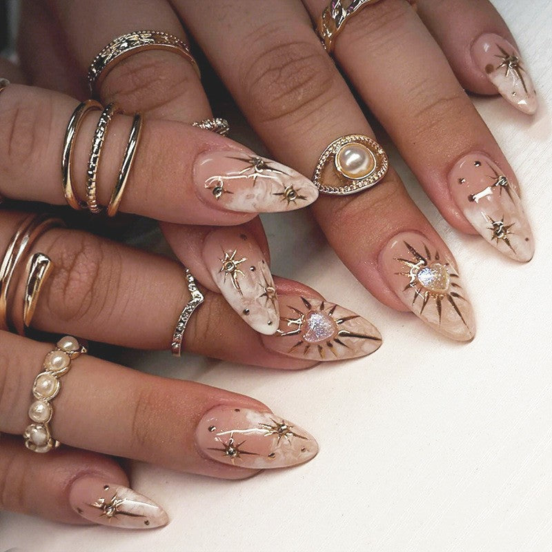 Celestial Dreams Long Almond Beige Press On Nail Set with Glittering Star Accents