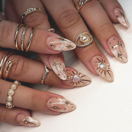 Celestial Dreams Long Almond Beige Press On Nail Set with Glittering Star Accents
