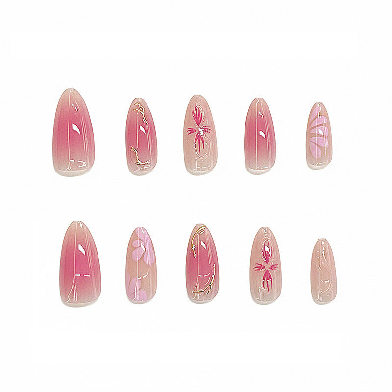 Whimsical Blossom Press on Nail Set Long Almond Pink Gradient with Floral Gold Accents
