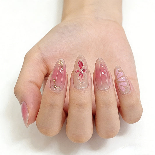 Floral Elegance Long Almond Pink Translucent with Artistic Designs Press On Nail Set