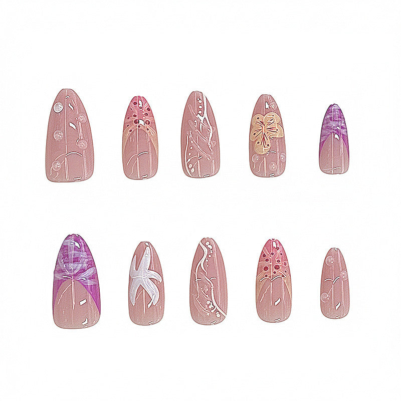 Whimsical Garden Long Almond Pink and Purple Floral Design Press On Nail Set