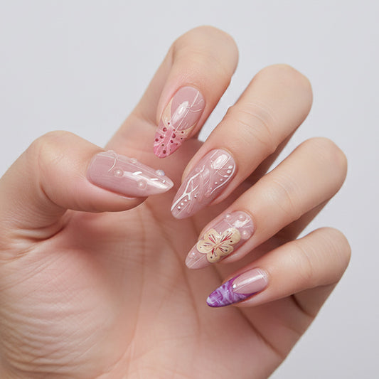 Enchanting Floral Elegance Long Almond Pink Gradient with Butterfly Embellishments Press on Nail Set