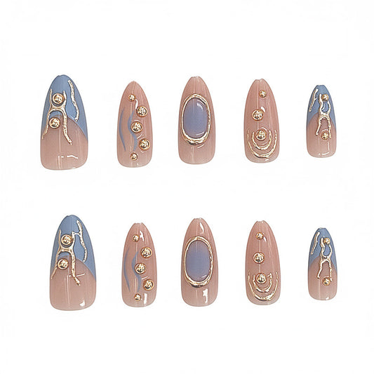 Ocean Breeze Elegant Long Almond Press-On Nail Set with Blue and Beige Gradient and Gold Accent Designs