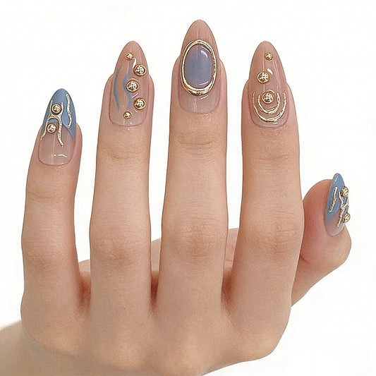 Chic Elegance Long Almond Beige and Blue Press on Nail Set with Gold Accent Details