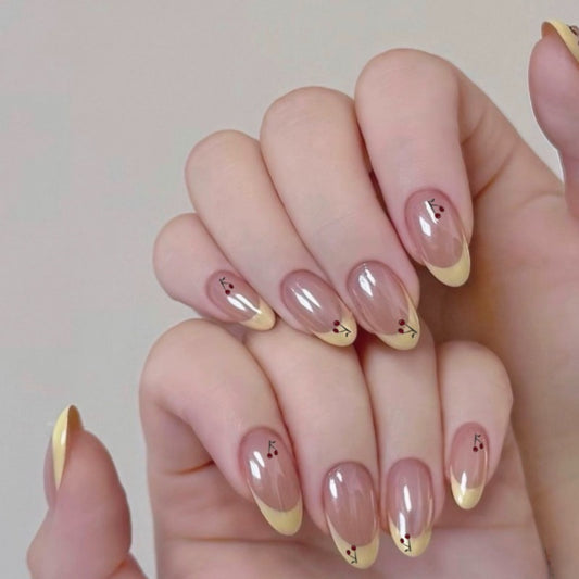 Cherry Blossom Dream Long Oval Peach and Yellow Ombre Nails with Floral Accent Design