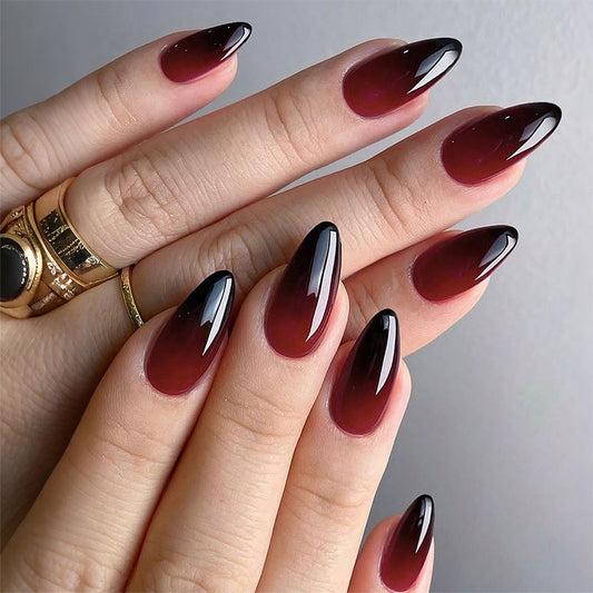 Gothic Elegance Long Almond Shape Deep Red and Black Ombre Press On Nail Set
