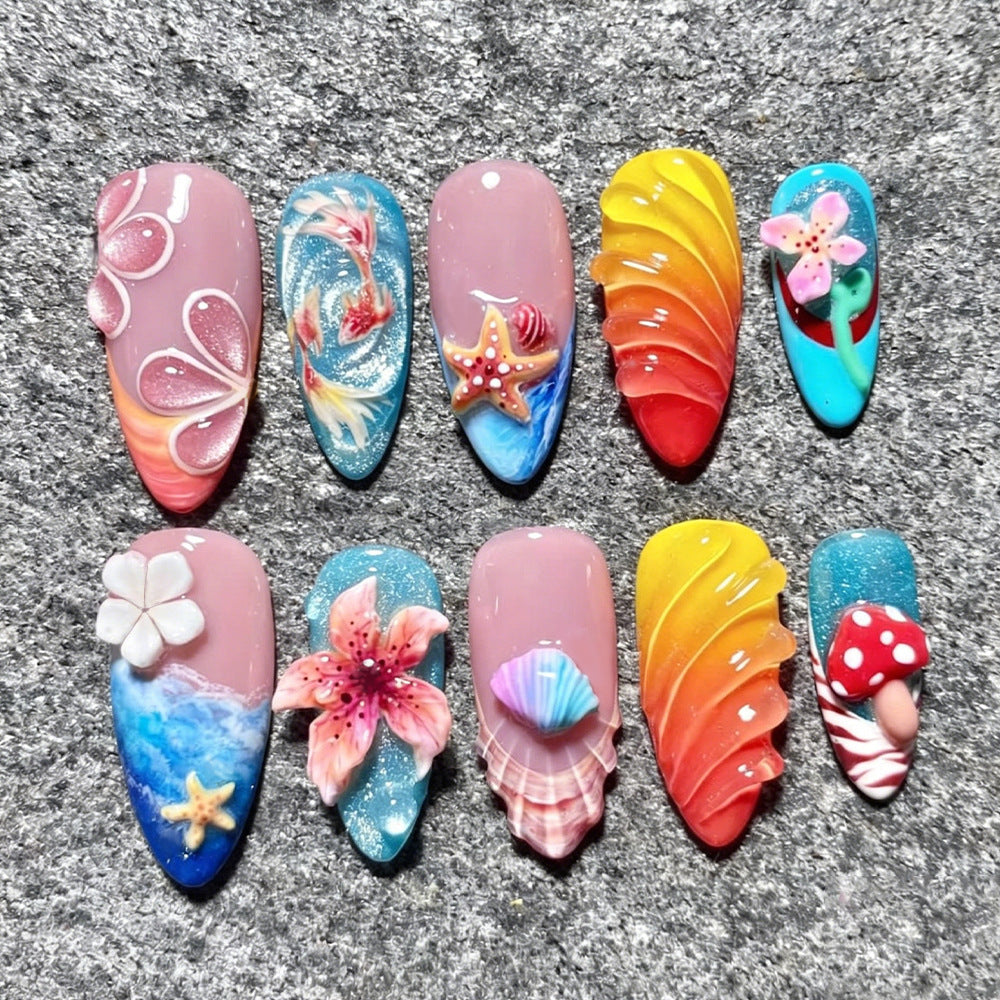 Tropical Sunset Medium Almond Multicolor Press On Nail Set with Unique Floral and Sea-Inspired Designs
