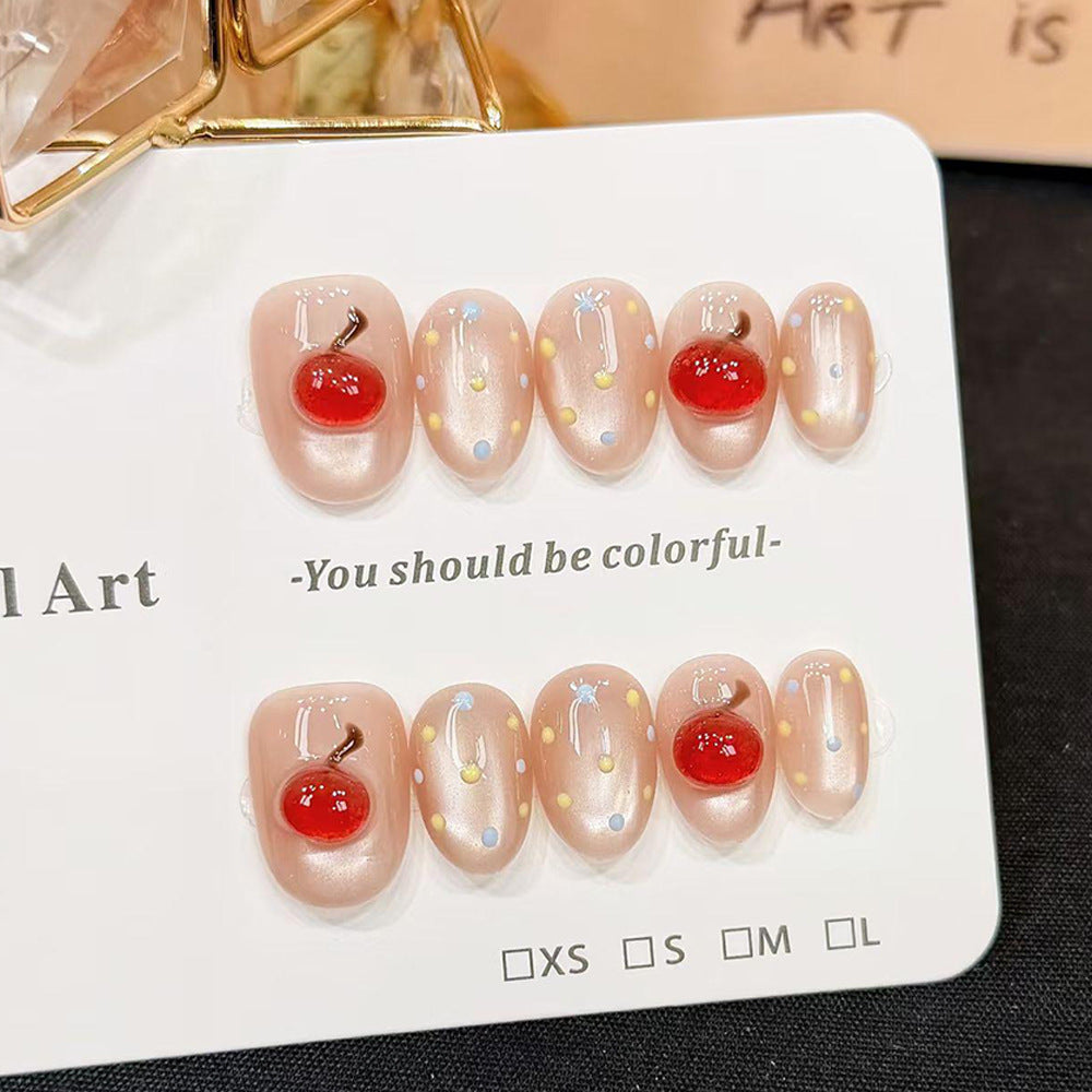 Cherry Blossom Short Round Peachy Nail Art with Playful Fruit Decor