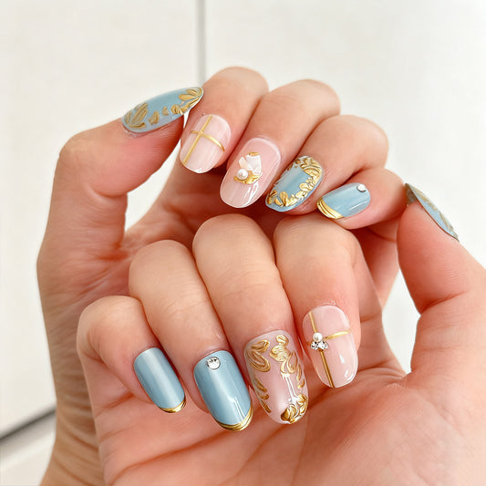 Elegant Garden Inspired Medium Oval Shape Blue and Pink with Gold Accents Press On Nail Set