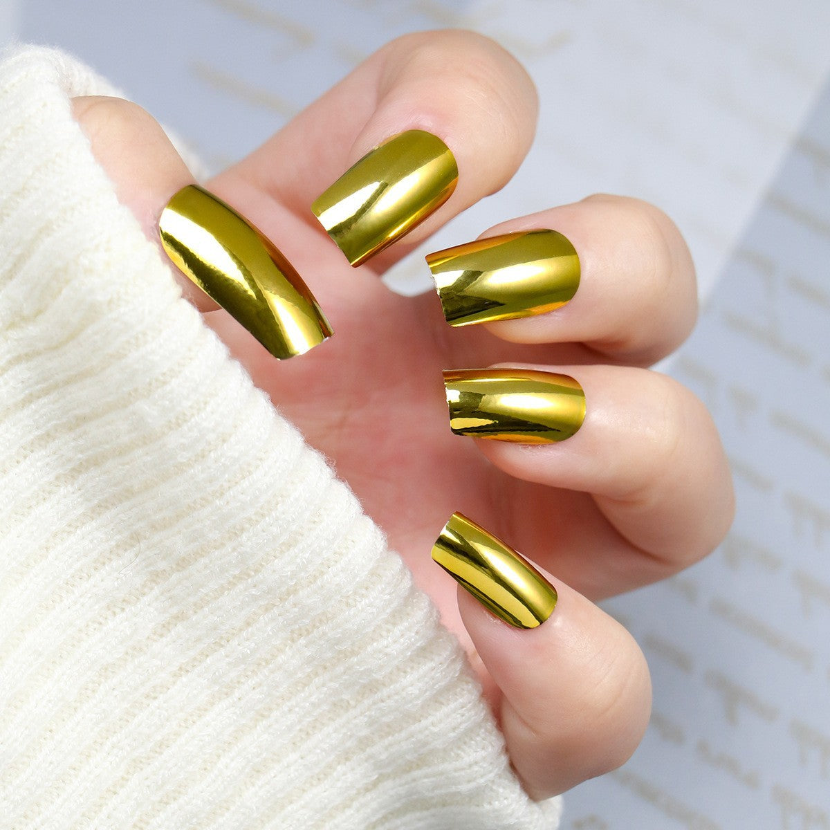 Gilded Elegance Long Square Metallic Gold Press-On Nail Set with Mirror Finish Shine