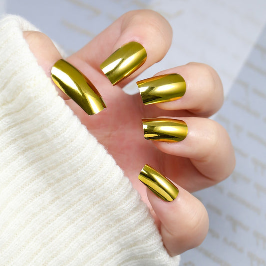 Gilded Elegance Long Square Metallic Gold Press-On Nail Set with Mirror Finish Shine
