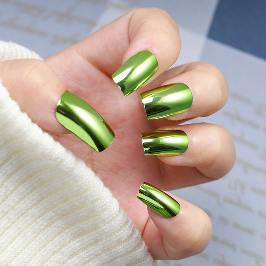 Emerald Elegance Glossy Long Square Press On Nail Set in Vibrant Green with Shiny Mirror Finish