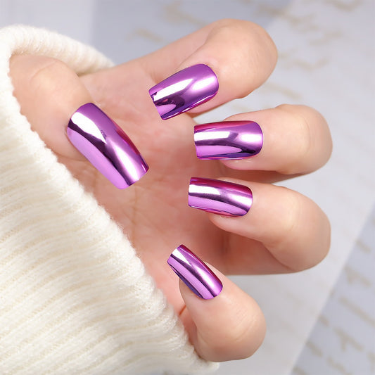 Glamorous Twilight Long Length Square Shaped Shiny Purple Metallic Press On Nail Set with Reflective Finish