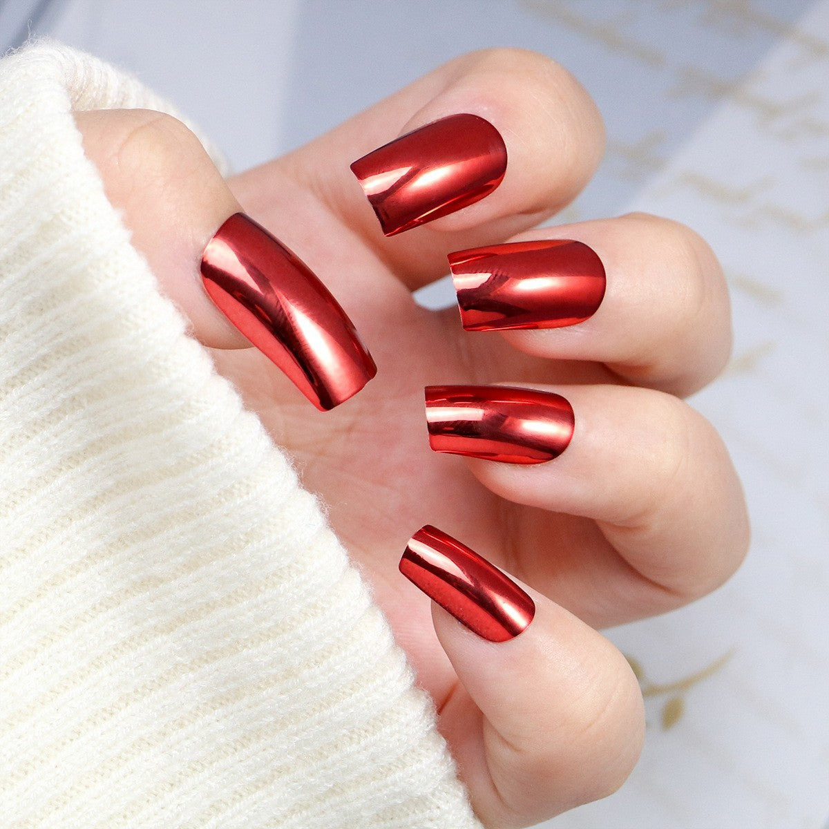 Glamourous Radiance Long Square Burgundy Metallic Nail Set with Shine Effect