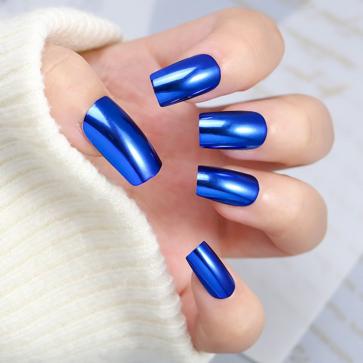 Vibrant Ocean Waves Long Square Glossy Blue Mirror Finish Press On Nail Set
