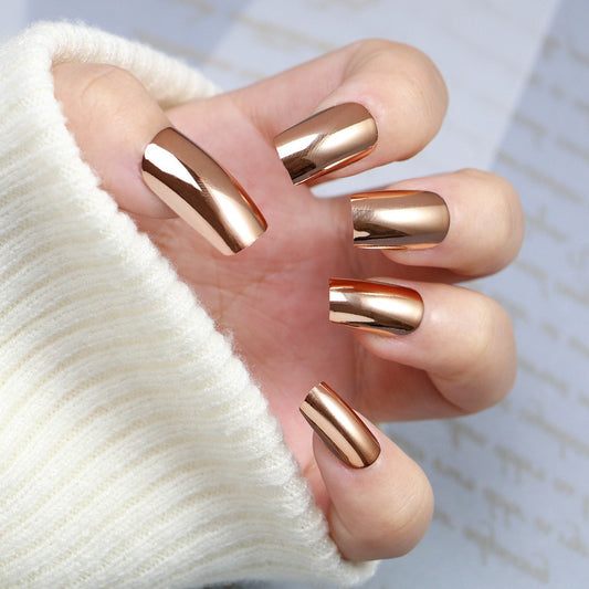 Glamorous Metallic Press On Nails Long Square Rose Gold High Shine Finish