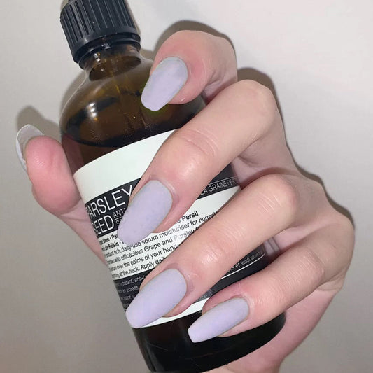 Lavender Dreams Medium Coffin-Shaped Press On Nail Set in Matte Purple Finish with a Velvet Touch