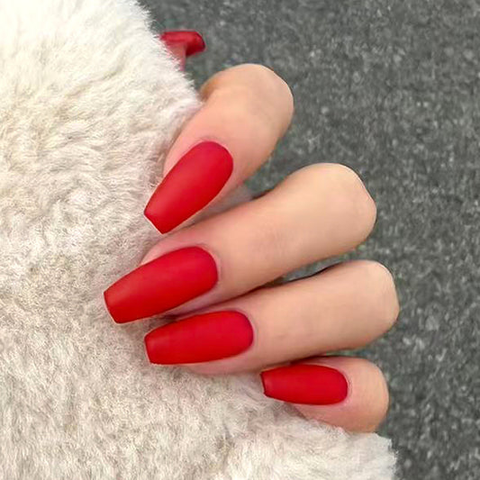 Glamorous Elegance Long Coffin Red Matte Press on Nail Set with Smooth Finish
