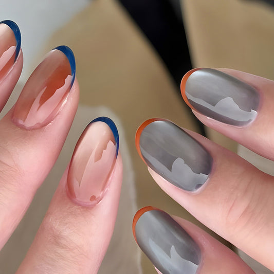 Chic Elegance Medium Oval Glassy Finish Natural Tone with Colorful Tips Press On Nail Set