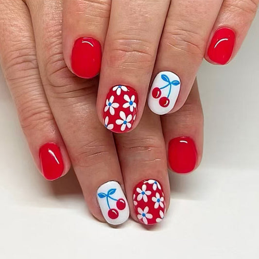 Cherry Blossom Inspired Short Round Red Nail Set with Floral Accents