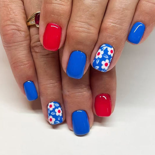 Floral Delight Short Square Blue and Red with Elegant Flower Design Press-On Nail Set
