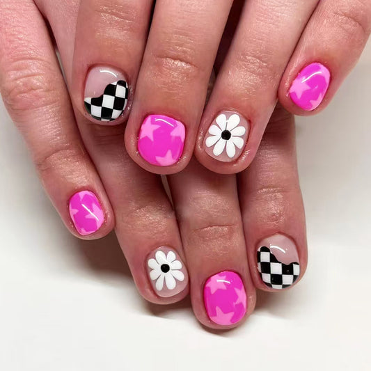 Vibrant Floral Delight Short Round Pink with Fun Patterns Press On Nail Set
