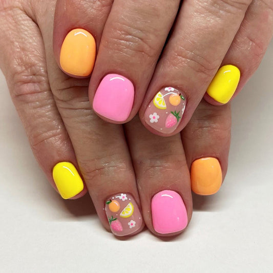 Tropical Vibes Short Square Yellow and Pink Floral Nail Set