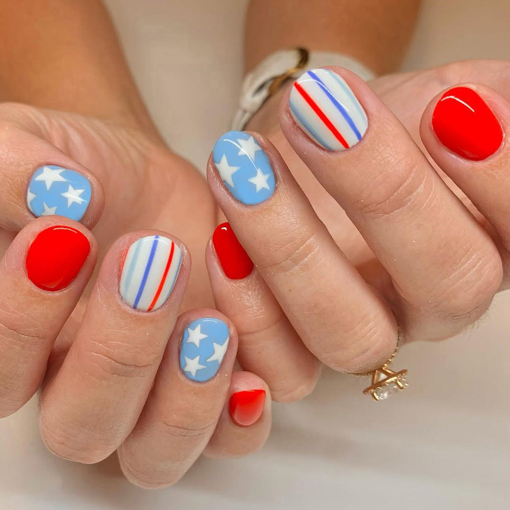 Patriotic Vibes Short Round Red and Blue Star Press On Nail Set
