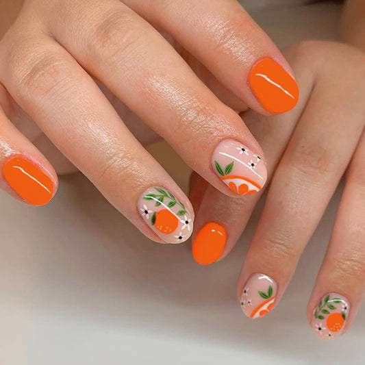 Vibrant Citrus Short Round Bright Orange with Floral Accents Press On Nail Set