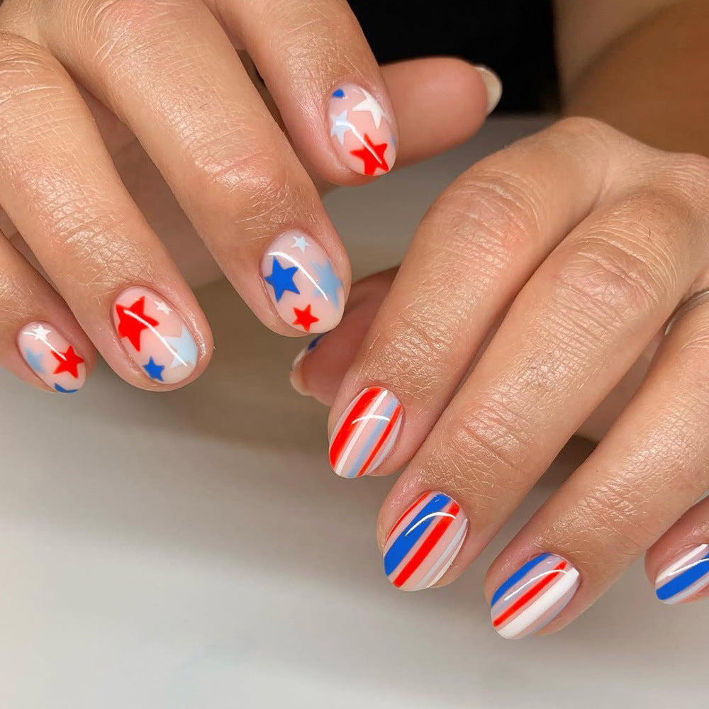 Stars and Stripes Short Round Red and Blue Graphic Design Press on Nail Set