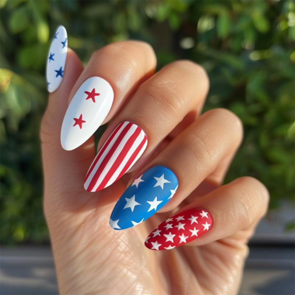 Patriotic Glamour Medium Almond Red and Blue Star Press On Nail Set