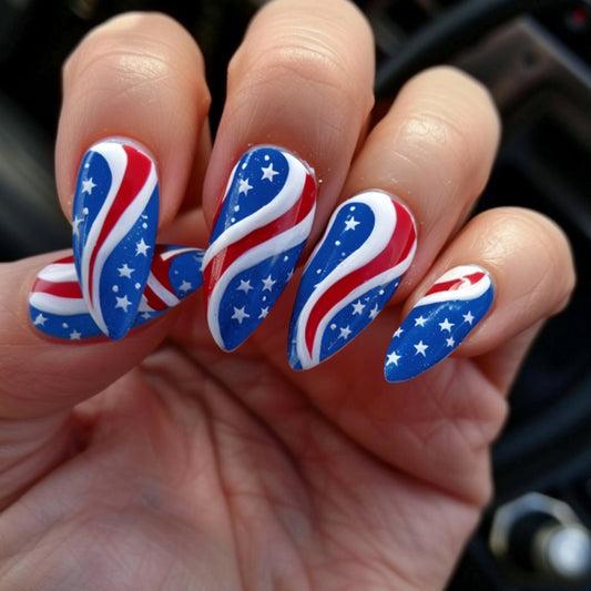 Patriotic Festivity Medium Almond Red and Blue with Starry Swirls Press-On Nail Set